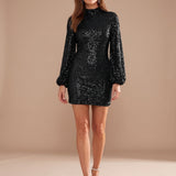 Women's Sequin High Neck Bodycon Mini Dress with Long Puff Sleeves – Christmas Party Dress