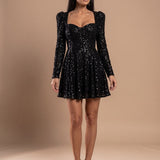 Women's Black Sequin Sweetheart Mini Dress with Long Balloon Sleeves – Fitted Party Dress