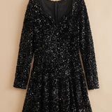 Women's Black Sequin Sweetheart Mini Dress with Long Balloon Sleeves – Fitted Party Dress