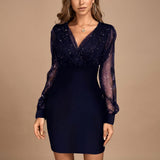 Women's Bodycon Mini Dress with Sheer Sparkle Mesh Sleeves – Deep V-Neck Christmas Party Dress