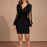 Women's Bodycon Mini Dress with Sheer Sparkle Mesh Sleeves – Deep V-Neck Christmas Party Dress