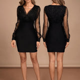 Women's Bodycon Mini Dress with Sheer Sparkle Mesh Sleeves – Deep V-Neck Christmas Party Dress