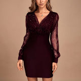 Women's Bodycon Mini Dress with Sheer Sparkle Mesh Sleeves – Deep V-Neck Christmas Party Dress