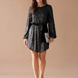 Women's Sequin Mini Dress with Balloon Sleeves and Sash Belt – Christmas Party Dress
