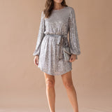 Women's Sequin Mini Dress with Balloon Sleeves and Sash Belt – Christmas Party Dress