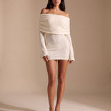 Women's Off-Shoulder Sparkle Knit Bodycon Mini Dress with Long Sleeves – Party Dress