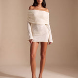 Women's Off-Shoulder Sparkle Knit Bodycon Mini Dress with Long Sleeves – Party Dress