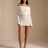 Women's Off-Shoulder Sparkle Knit Bodycon Mini Dress with Long Sleeves – Party Dress