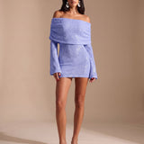 Women's Off-Shoulder Sparkle Knit Bodycon Mini Dress with Long Sleeves – Party Dress