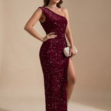 Women's Sequin One-Shoulder Maxi Dress with High Slit – Fitted Evening Gown