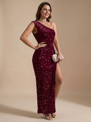 Women's Sequin One-Shoulder Maxi Dress with High Slit – Fitted Evening Gown