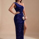 Women's Sequin One-Shoulder Maxi Dress with High Slit – Fitted Evening Gown