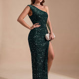Women's Sequin One-Shoulder Maxi Dress with High Slit – Fitted Evening Gown