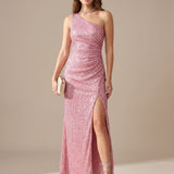 Women's Sequin One-Shoulder Maxi Dress with High Slit – Fitted Evening Gown