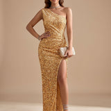 Women's Sequin One-Shoulder Maxi Dress with High Slit – Fitted Evening Gown