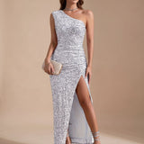 Women's Sequin One-Shoulder Maxi Dress with High Slit – Fitted Evening Gown