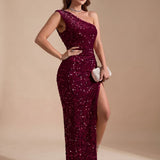 Women's Sequin One-Shoulder Maxi Dress with High Slit – Fitted Evening Gown