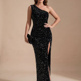Women's Sequin One-Shoulder Maxi Dress with High Slit – Fitted Evening Gown