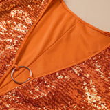 Women's Sequin Plunge Neck Mini Dress with Flared Sleeves and Ring Detail – Party Dress