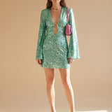Women's Sequin Plunge Neck Mini Dress with Flared Sleeves and Ring Detail – Party Dress