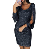 Women's Sequin V-Neck Bodycon Mini Dress with Tassel Sleeves – Glamorous Party Dress