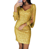 Women's Sequin V-Neck Bodycon Mini Dress with Tassel Sleeves – Glamorous Party Dress