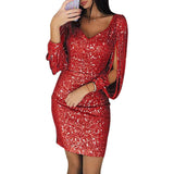 Women's Sequin V-Neck Bodycon Mini Dress with Tassel Sleeves – Glamorous Party Dress