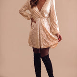 Women's Gold Sequin Wrap-Front Mini Dress with Long Sleeves – Deep V-Neck Party Dress