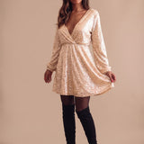 Women's Gold Sequin Wrap-Front Mini Dress with Long Sleeves – Deep V-Neck Party Dress