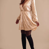 Women's Gold Sequin Wrap-Front Mini Dress with Long Sleeves – Deep V-Neck Party Dress