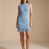 Women's Sleeveless Sequin Mini Dress with Fringe Hem – Sparkly Party Dress
