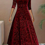 Women's Embossed Velvet A-Line Midi Dress with Square Neck – Long Sleeve Winter Occasion Dress
