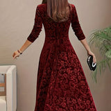 Women's Embossed Velvet A-Line Midi Dress with Square Neck – Long Sleeve Winter Occasion Dress