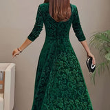 Women's Embossed Velvet A-Line Midi Dress with Square Neck – Long Sleeve Winter Occasion Dress