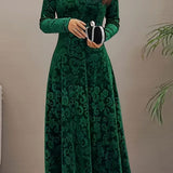Women's Embossed Velvet A-Line Midi Dress with Square Neck – Long Sleeve Winter Occasion Dress