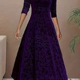 Women's Embossed Velvet A-Line Midi Dress with Square Neck – Long Sleeve Winter Occasion Dress
