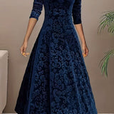 Women's Embossed Velvet A-Line Midi Dress with Square Neck – Long Sleeve Winter Occasion Dress