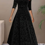 Women's Embossed Velvet A-Line Midi Dress with Square Neck – Long Sleeve Winter Occasion Dress