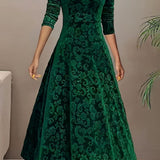 Women's Embossed Velvet A-Line Midi Dress with Square Neck – Long Sleeve Winter Occasion Dress