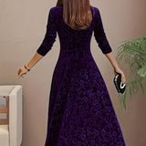 Women's Embossed Velvet A-Line Midi Dress with Square Neck – Long Sleeve Winter Occasion Dress