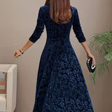 Women's Embossed Velvet A-Line Midi Dress with Square Neck – Long Sleeve Winter Occasion Dress