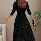 Women's Embossed Velvet A-Line Midi Dress with Square Neck – Long Sleeve Winter Occasion Dress
