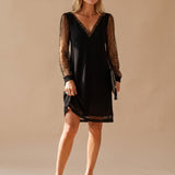 Women's Glitter Mesh Sleeve Mini Dress with Deep V-Neck – Sleek Holiday Evening Dress