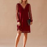 Women's Glitter Mesh Sleeve Mini Dress with Deep V-Neck – Sleek Holiday Evening Dress