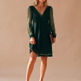 Women's Glitter Mesh Sleeve Mini Dress with Deep V-Neck – Sleek Holiday Evening Dress
