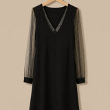 Women's Glitter Mesh Sleeve Mini Dress with Deep V-Neck – Sleek Holiday Evening Dress