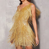 Women's V-Neck Sequin Fringe Mini Dress – Flapper Style Cocktail & Party Dress