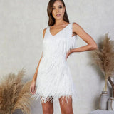 Women's V-Neck Sequin Fringe Mini Dress – Flapper Style Cocktail & Party Dress