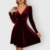 Women's Velvet Skater Dress with Long Sleeves and Wrap V-Neck – Winter Party Dress