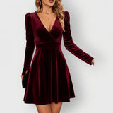 Women's Velvet Skater Dress with Long Sleeves and Wrap V-Neck – Winter Party Dress